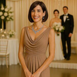 Couturie Elegant Taupe Dropped Waist Draped Cowl Neck Formal Gown - Size Small